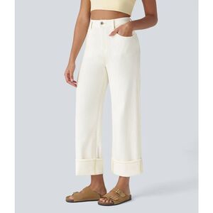 Halara Flex High Waisted Pockets Rolled Hem Wide Leg Washed Casual Jeans